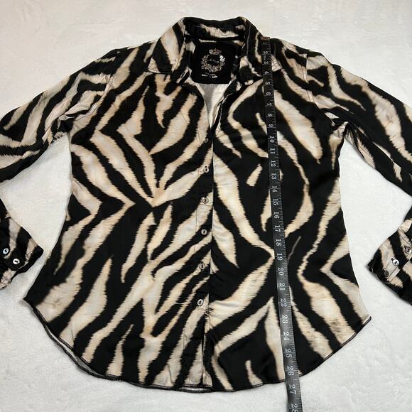 Cino Zebra Print Satin Button Up Shirt Size Medium Roll Tab Sleeve Maximalist - Picture 8 of 10